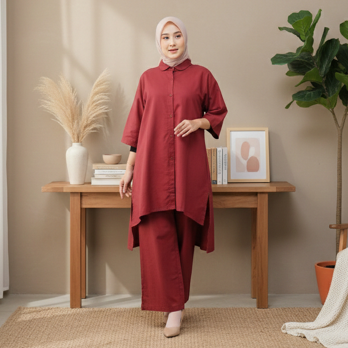 Titan Set Kameja+Celana kulot Bahan Katun Rami / Linen Premium Ukuran Jumbo One Set 2in1 Baju Tunik