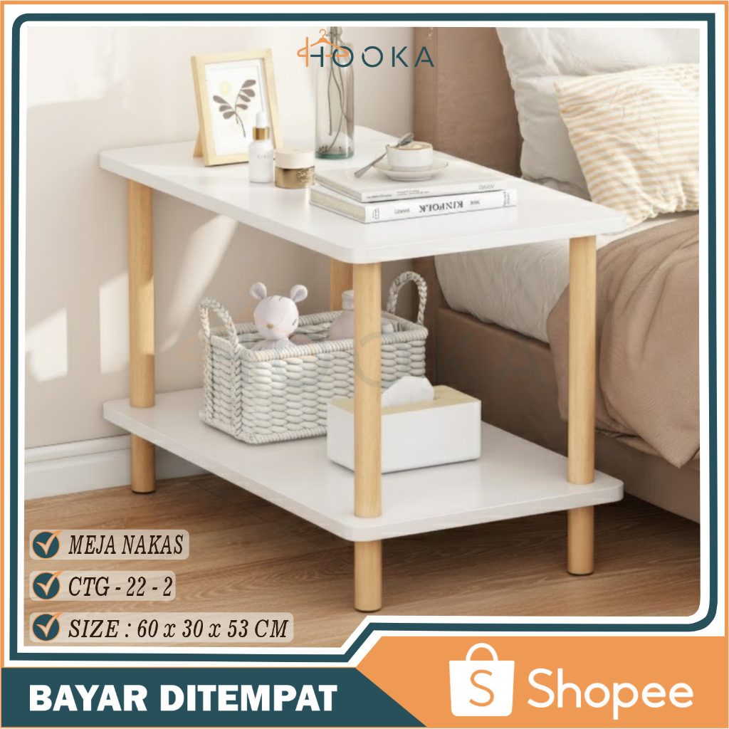 HOOKA Meja Samping Tempat Tidur / Meja Nakas Kecil Modern / Meja Kabinet Minimalis Putih 2 Susun