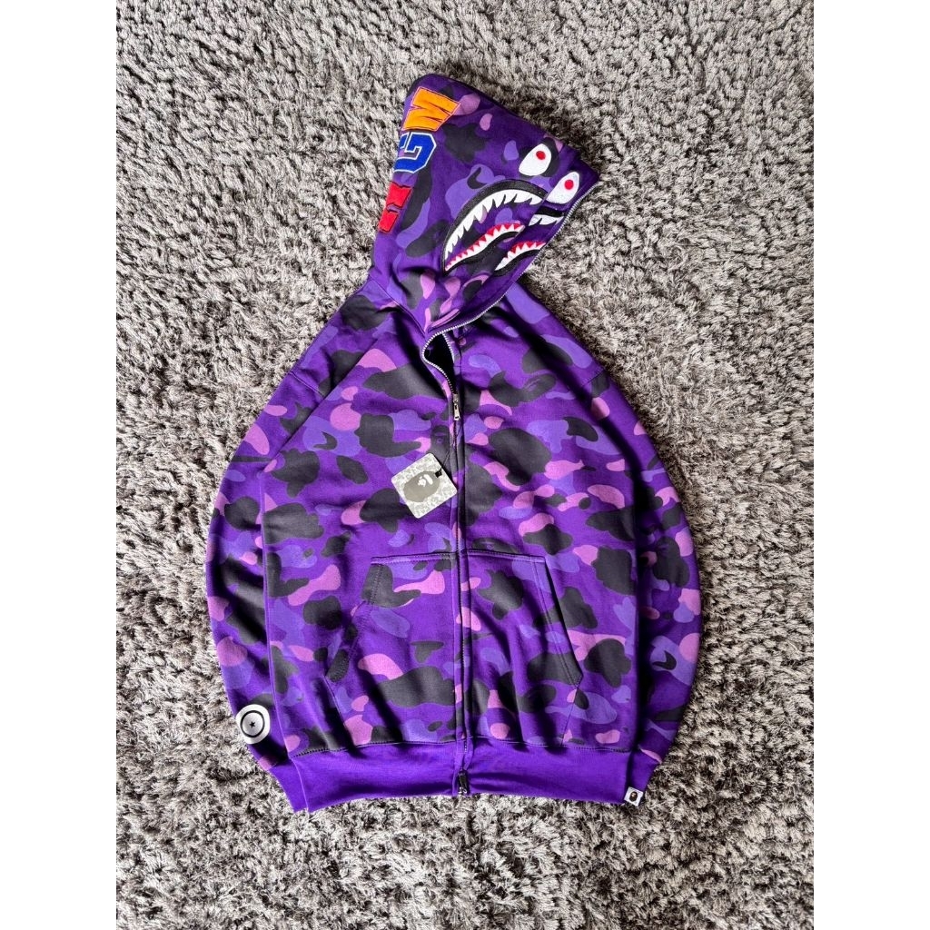 Jaket Hoodie Zipper Bape Shark Ungu Double Hoodie Street style Fashion Pria High Quality