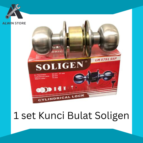 SOLIGEN Kunci Pintu Bulat Stainless Cylindrical Lock Set Lengkap