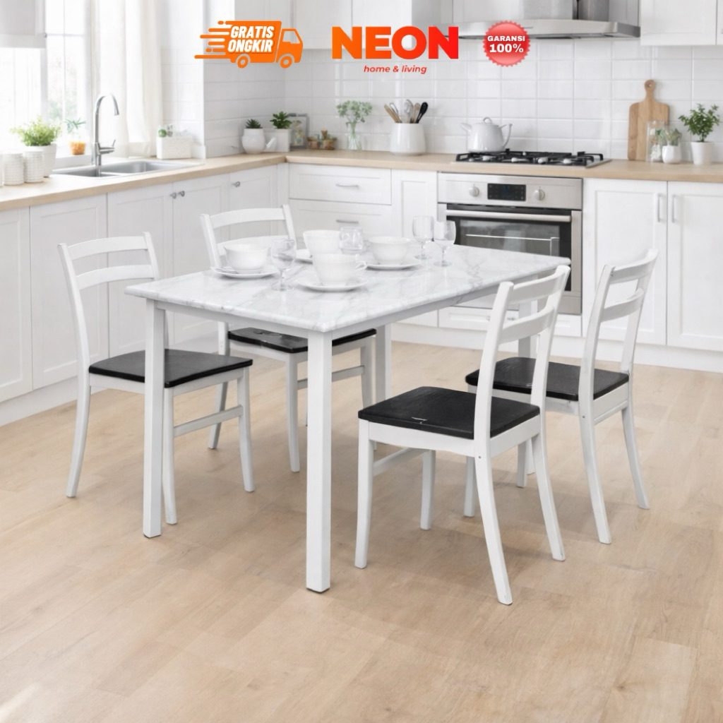 NEON Set Meja Makan DTM Marble 4 Kursi | Meja Makan Minimalis