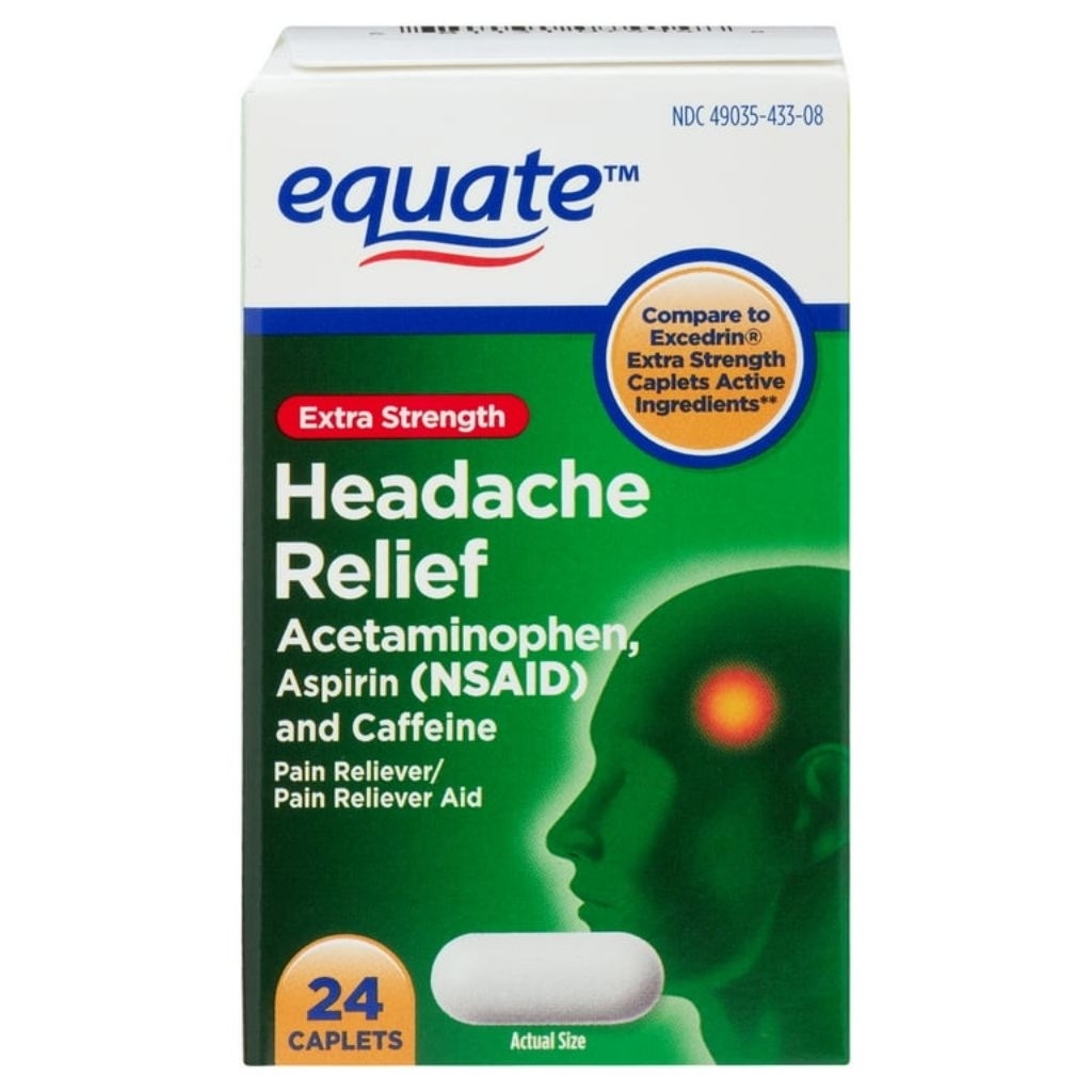 Equate Extra Strength Headache Relief Caplets with Acetaminophen, 4spirin, and Caffeine, 24 Caplets.