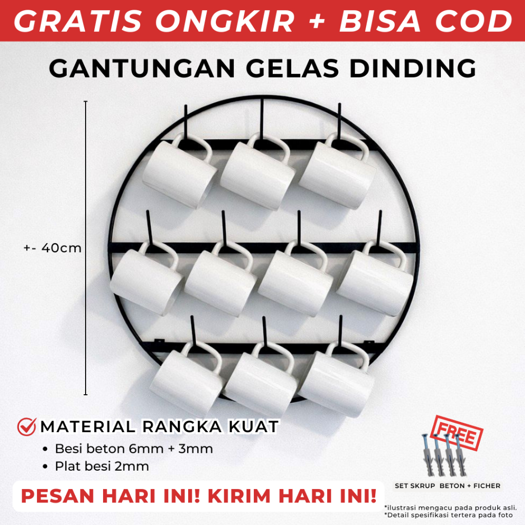 Rak Gantung Gelas Dinding Besi – Muat 10 Gelas Cangkir