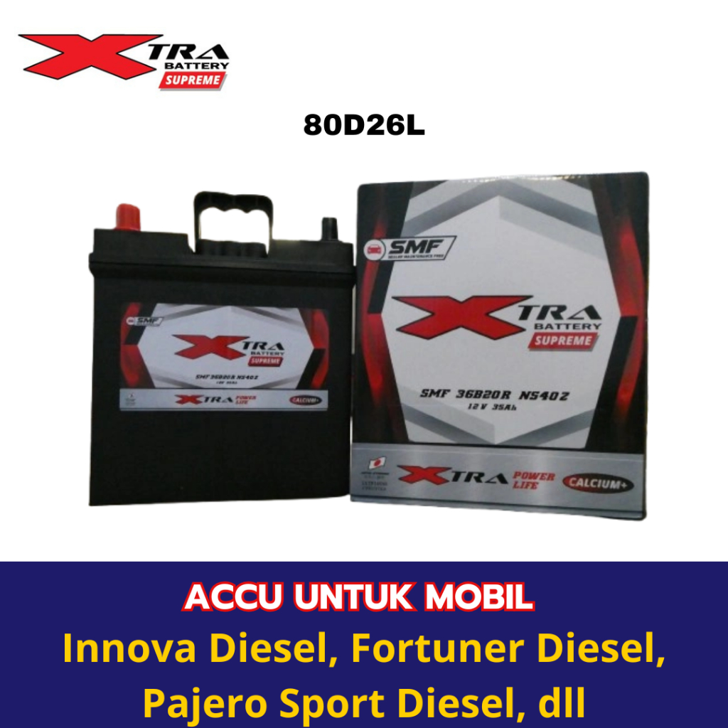 XTRA - Aki Mobil XTRA SPRM 80D26L Aki KERING untuk Mobil Innova Diesel, Fortuner Diesel, Pajero Spor