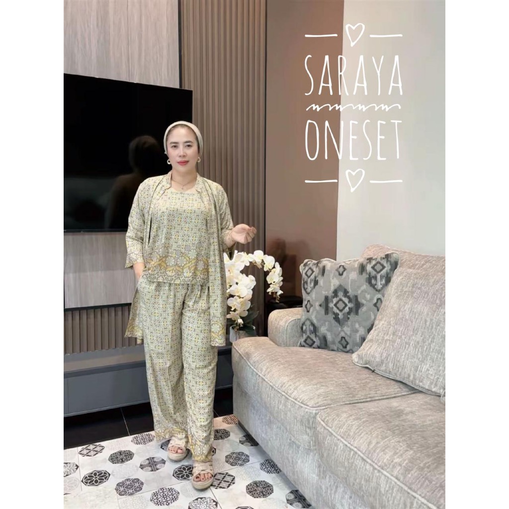 Saraya One Set Lebaran 3in1 Rayon Premium Baju Setelan Celana Kulot Panjang Atasan Kutung Outer Panj