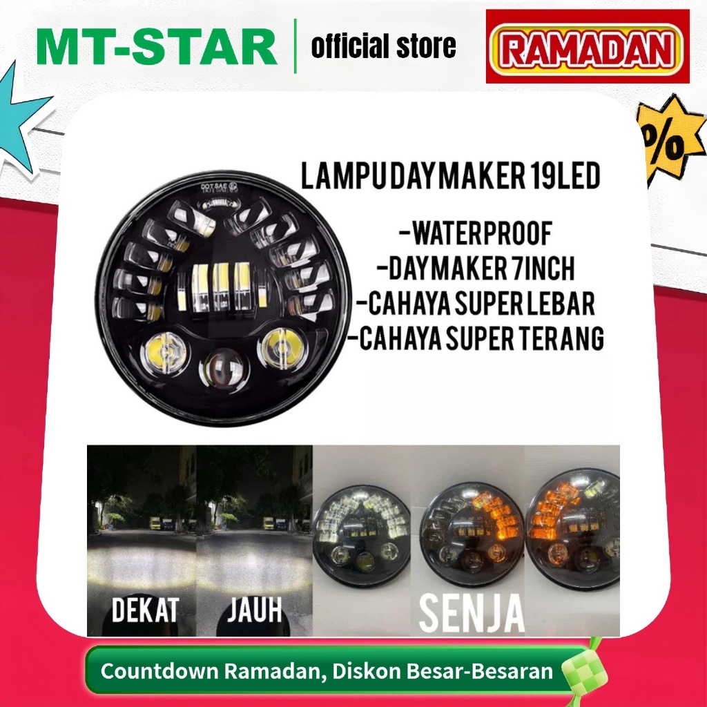 MT STAR  Lampu LED Daymaker 7 Inch Universal Motor Dan Mobil 19 Titik Led