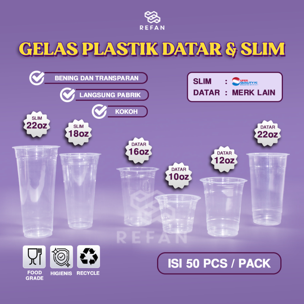 Gelas plastik DATAR bening 12gram ukuran 10oz 12oz 16oz 22oz  / Gelas Plastik 18oz & 22oz Slim Datar