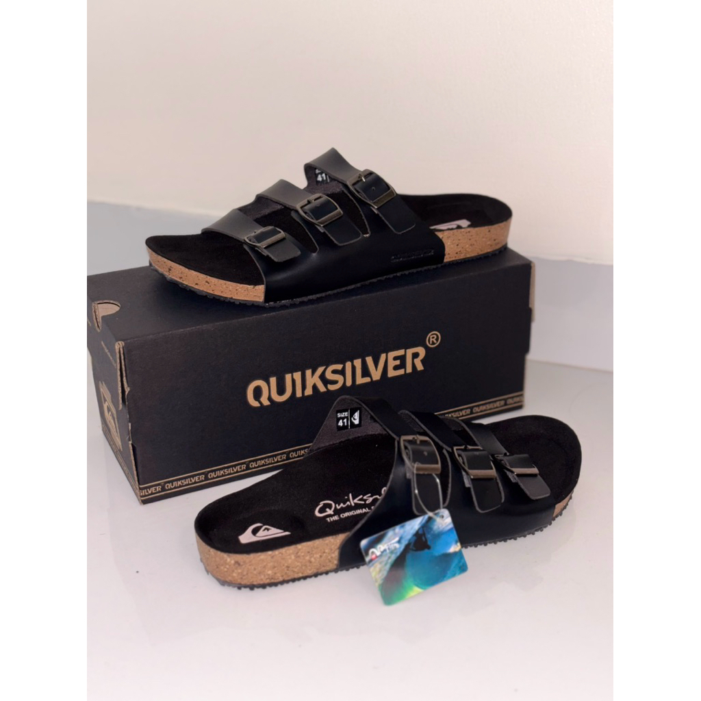 Sandal casual tali pria sandal strap Quiksilver hitam tali 3 kulit sintetis harian ootd fashion libu