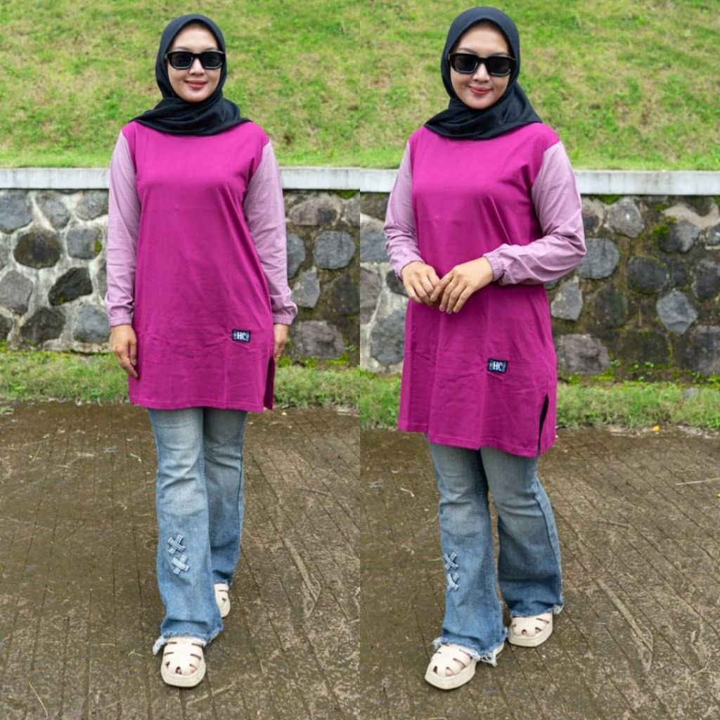 TUNIK KOMBINASI JUMBO POLOS TANGAN PANJANG OVERDEK JAHITAN KOMBINASI WARNA BAHAN KATUN KOMBET 20S KU