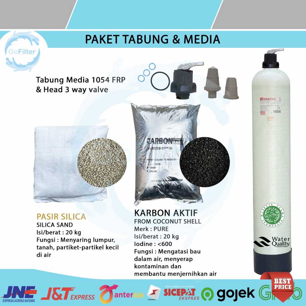 Media Filter Air Paket Media Filter Air FRP 1054 1354 Karbon Aktif Pasir Silika 40kg untuk Menjernih