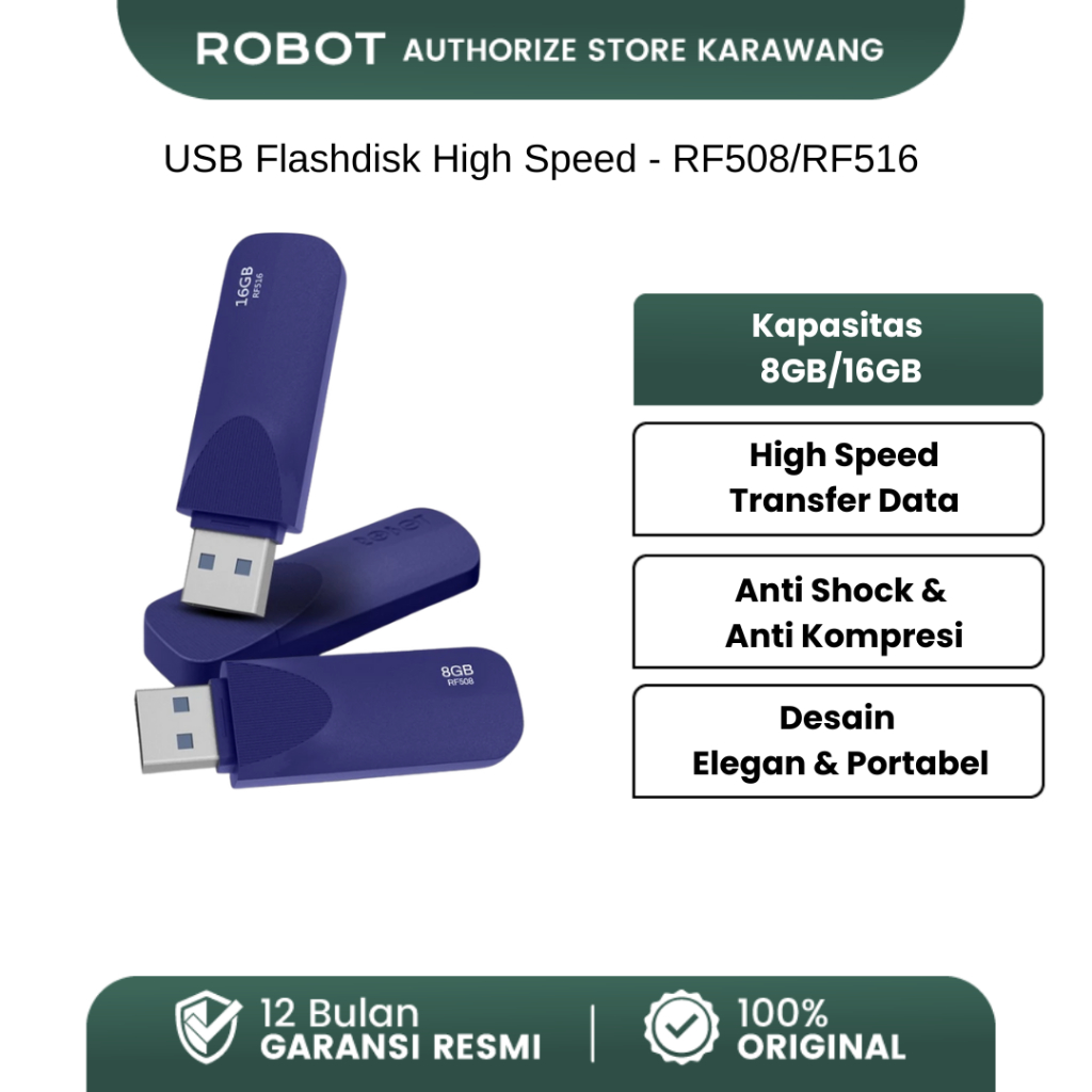 ROBOT Flashdisk 8GB 16GB USB 3.0 High Speed Transmisi Cepat Biru Flash Drive Universal Komputer HP O