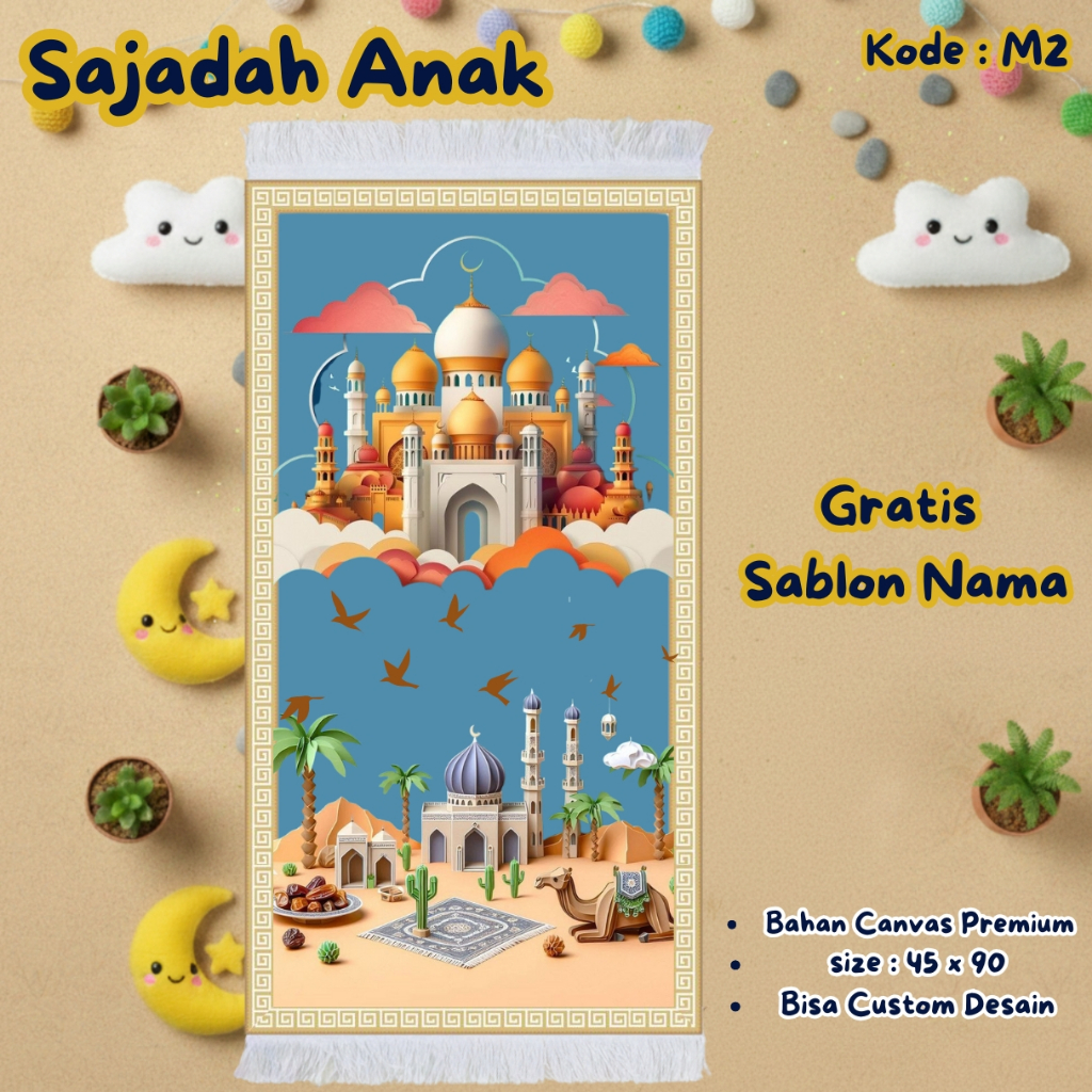 Sajadah Anak Custom Nama Gratis - Desain Motif Unik Lucu - Bahan Canvas Premium - Kode M2
