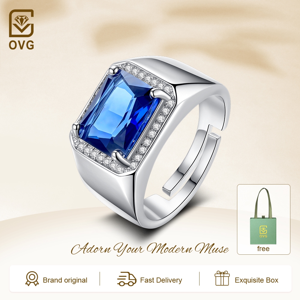 OVG Cincin Pria Aksesoris Fashion Mewah Biru Berlian Perhiasan Adjustable Cincin Cowok Kotak Indah C