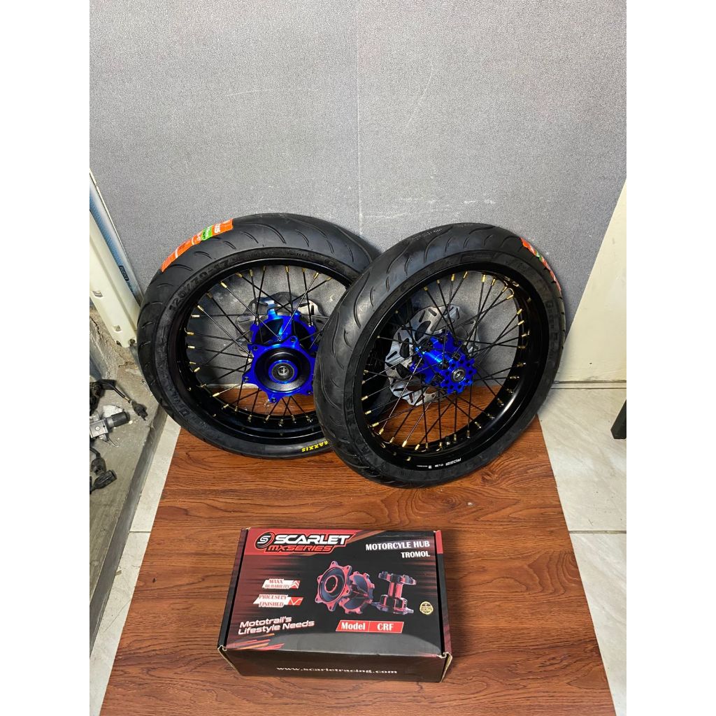 Velg Supermoto CRF 250/300 Tromol Scarlet ban Maxxis Baru Ring 17 Bonus Piringan Cakram