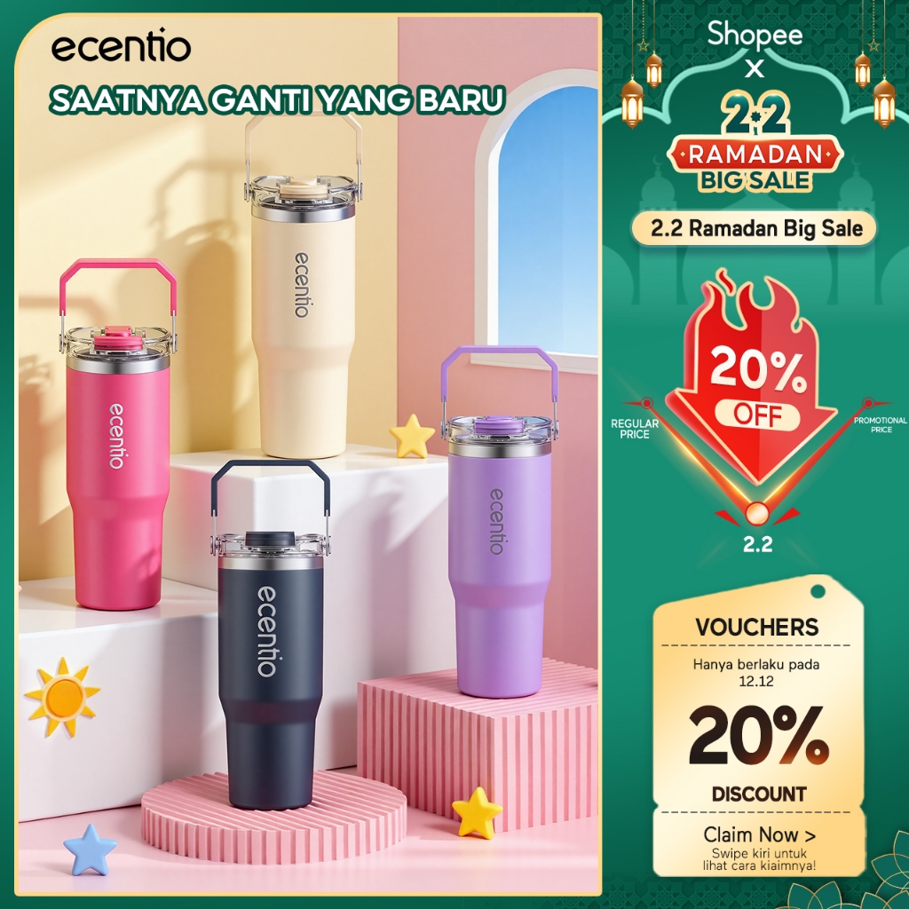 [LIVE 20% DISCOUT] Ecentio tumbler stainless tahan dingin 24 jam tumbler premium quality 900ml /1200