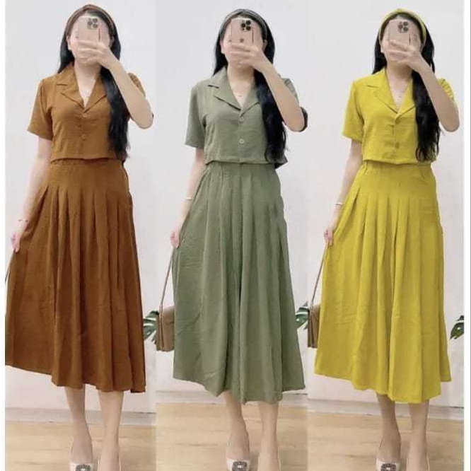 Kimmy Set Kemeja Crop Dan Rok Ukuran L-3XL / Madieca Button Collar Airflow Long Skirt Set Rok / Kimm