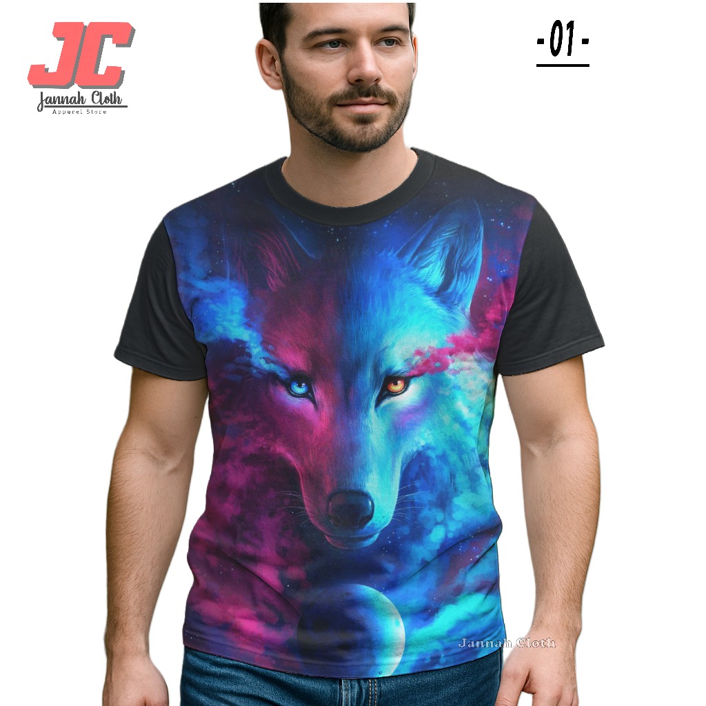 Baju Kaos 3D Serigala Wolf Darklight Printing