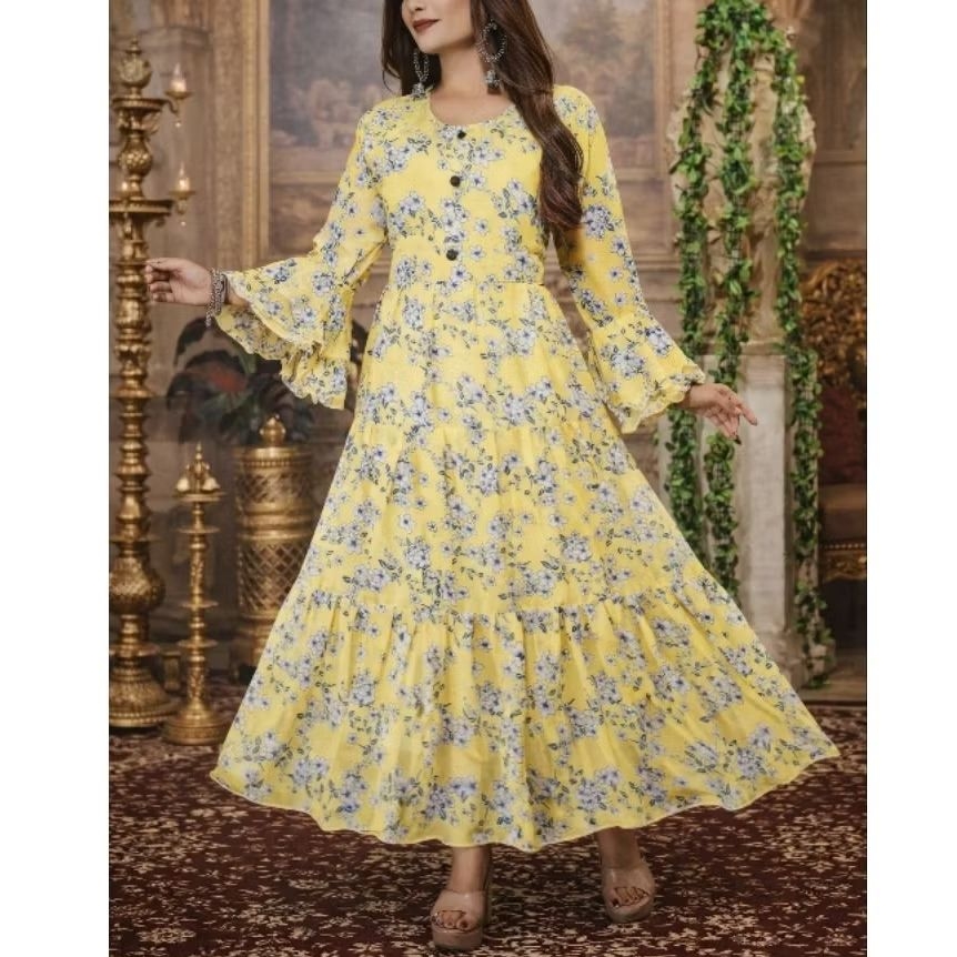 Baju India Wanita Anarkali Dress Sifon Motif Bunga Original India Baru