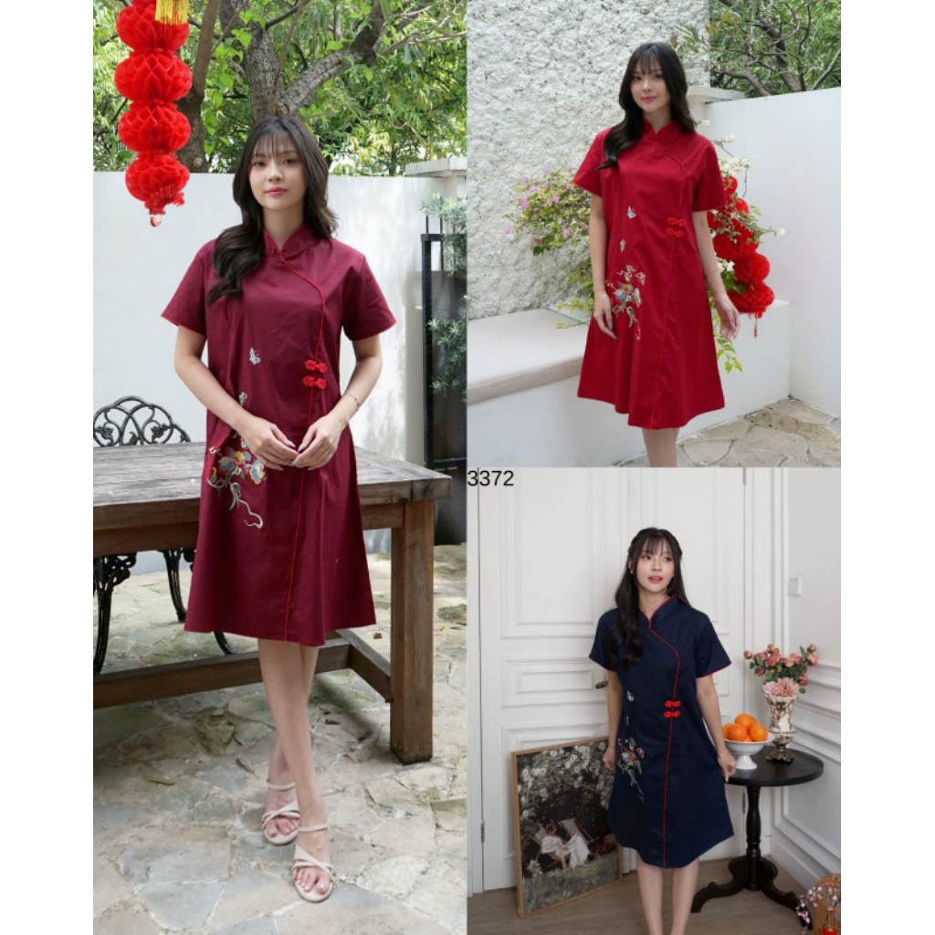 Dress Midi Cheongsam Imlek Sincia Qipao Wanita Motif Bunga Burung Bordir Lengan Pendek Katun Stretch
