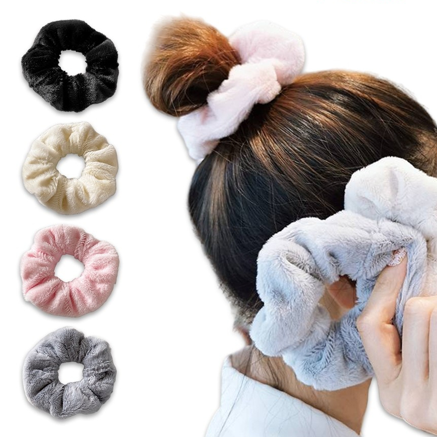 Ikat Rambut Scrunchie Korea Cepol Jilbab Lingkar Besar Bulu Lembut Korea Motif Polos