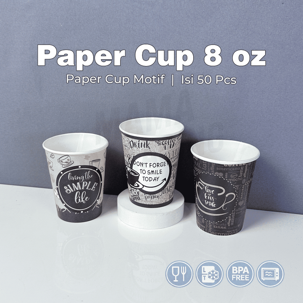 Paper Cup ECO 8 Oz Motif Random Isi 50 Pcs / Eco Friendly / Gelas Kopi Teh Kertas / Tahan Panas