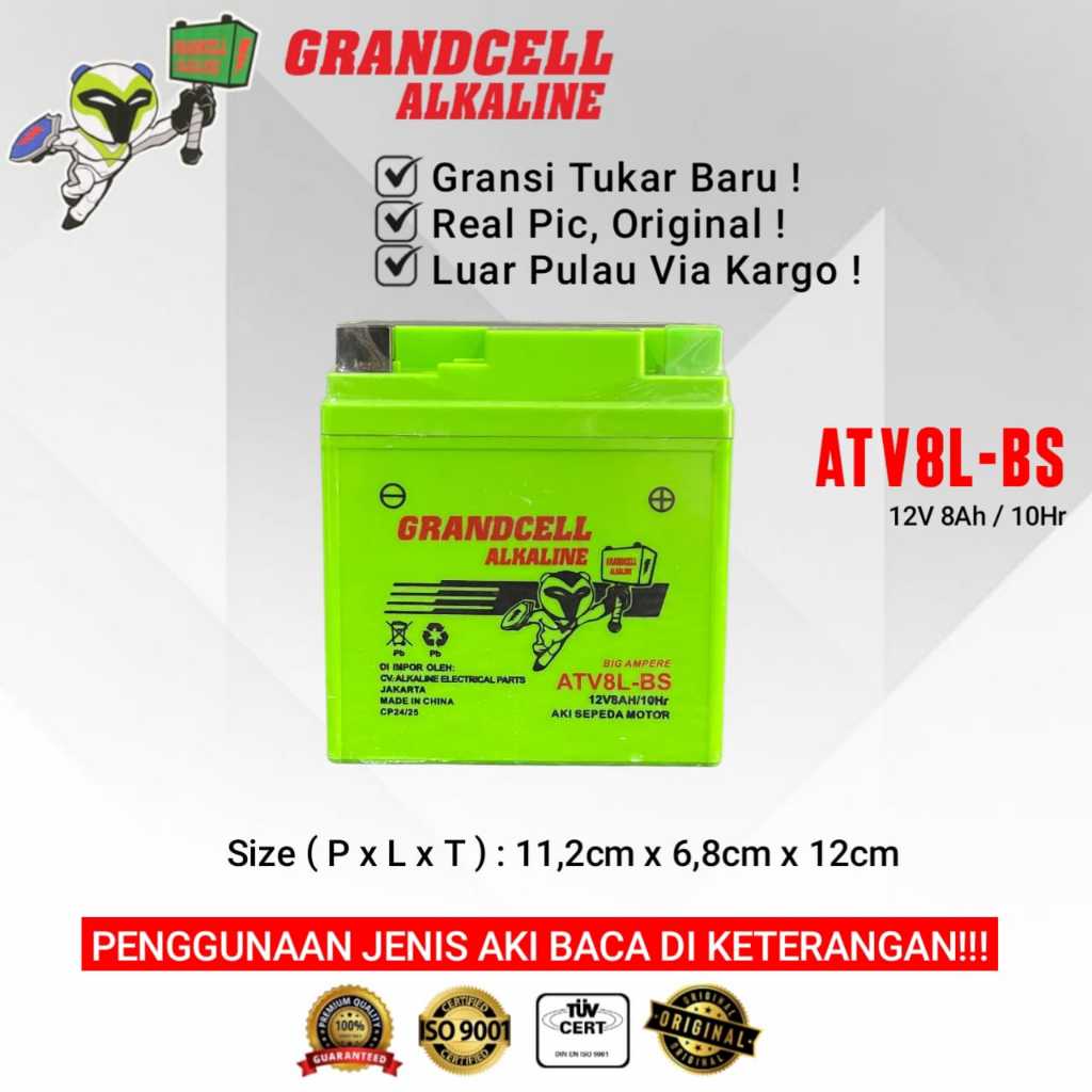 AKI MOTOR GRANDCELL ALKALINE NMAX155 AEROX155 VARIO125 150  LEXI125 PCX ATV8L BS 12V 8ah