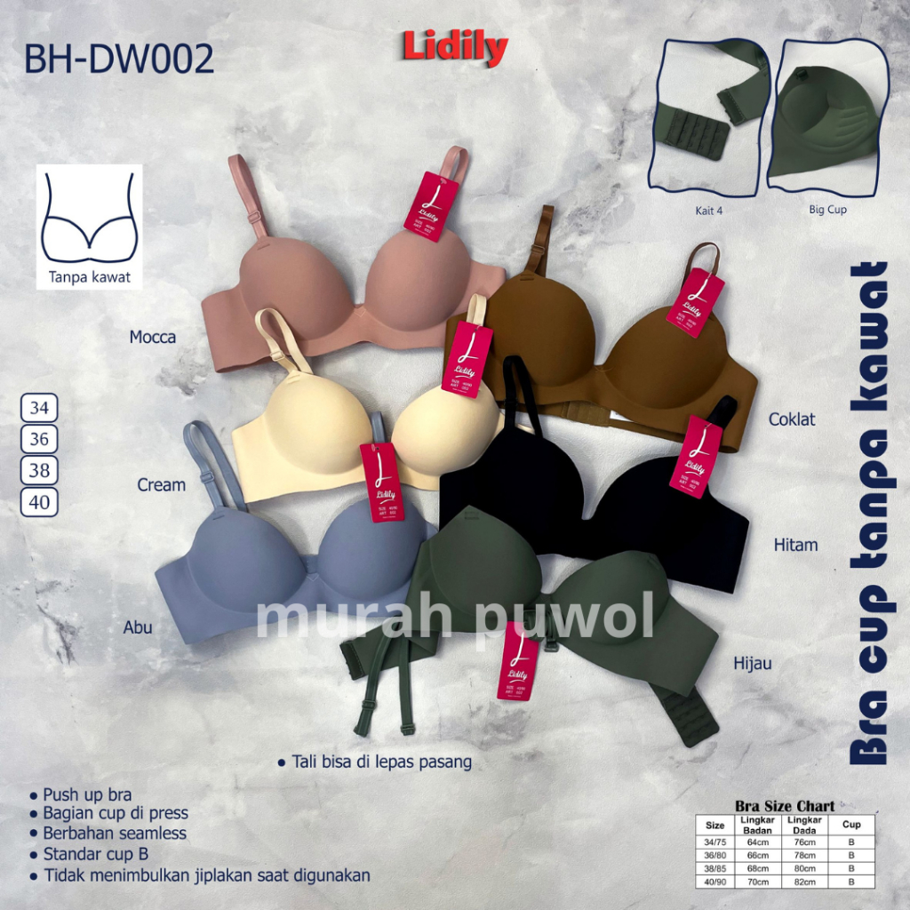 Push Up Bra Lidily Premium / BH Seamless Busa Tebal Tanpa Kawat Anti Nyeplak Tali Dapat Dilepas-Pasa