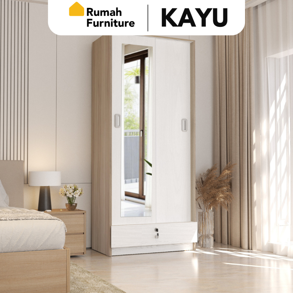 NEWOMAHA Lemari Pakaian Kayu 2 Pintu Sliding / Geser Wardrobe Modern Minimalis