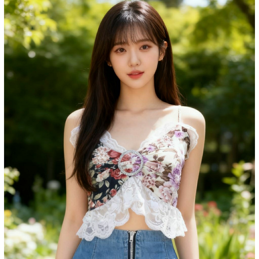 CROP TOP TANKTOP VEST SMOCKED OUTER BUNGA BRUKAT KOREA