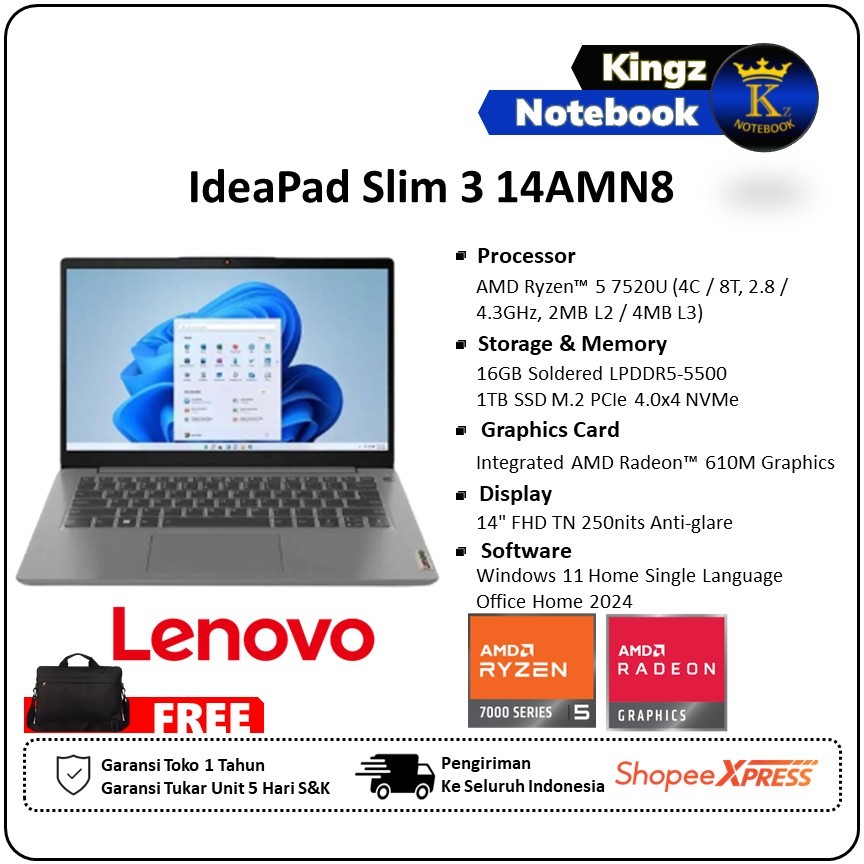 Lenovo Ideapad Slim 3 14 RYZEN 5 7520 16GB 1TB SSD W11+OHS 14.0FHD