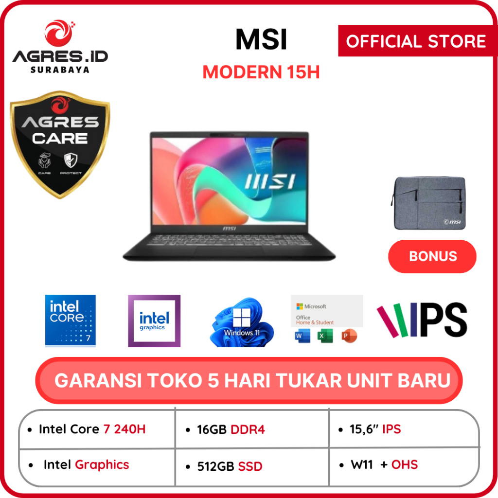 MSI MODERN 15H CORE I7 240H 16GB 512GB W11+OHS 15.6FHD IPS BLIT 2Y BLK