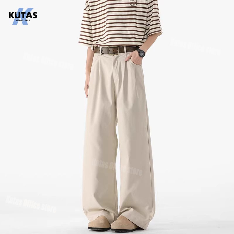 Celana panjang Loose Pants pria Formal Wide Leg Pants Celana Cream Casual cowok