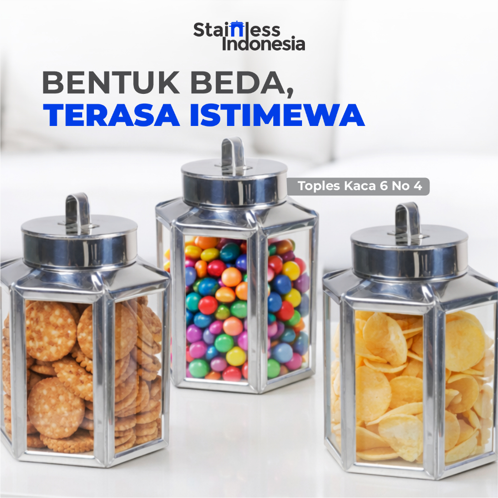 Toples Mini Toples Lebaran Segi Enam Kaca Stainless Kap 2 Liter Bentuk Unik, Aman untuk Makanan, dan