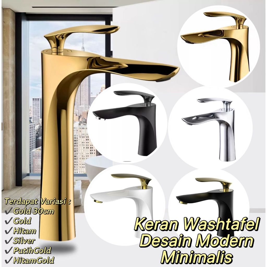 Kran Washtafel Panas Dingin SS304 T18cm Model Seni Unik Gold Kilat/Hitam Gold/Putih Gold/Silver