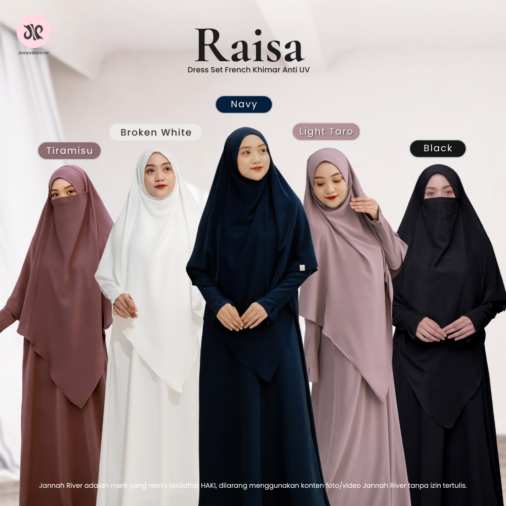 Jannah River Raisa Dress Set French Khimar Anti UV Syari Bahan Premium Adem Gamis Umroh & Haji Syar'