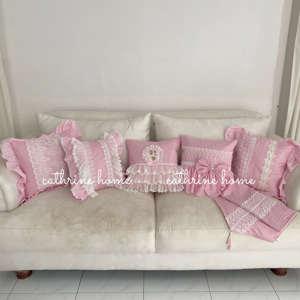 SET 5pcs SARUNG BANTAL KURSI DAN 1 pcs TAPLAK MEJA - BABY PINK