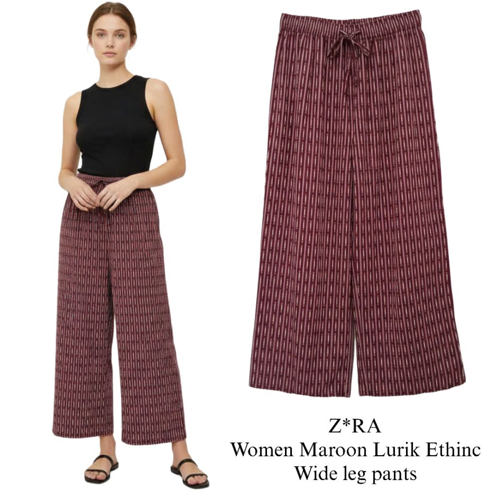 Z*RA Women Maroon Lurik Ethinc Wide Leg Pants/Kulot Wanita Branded/Kulot Wanita Terbaru/Kulot motif