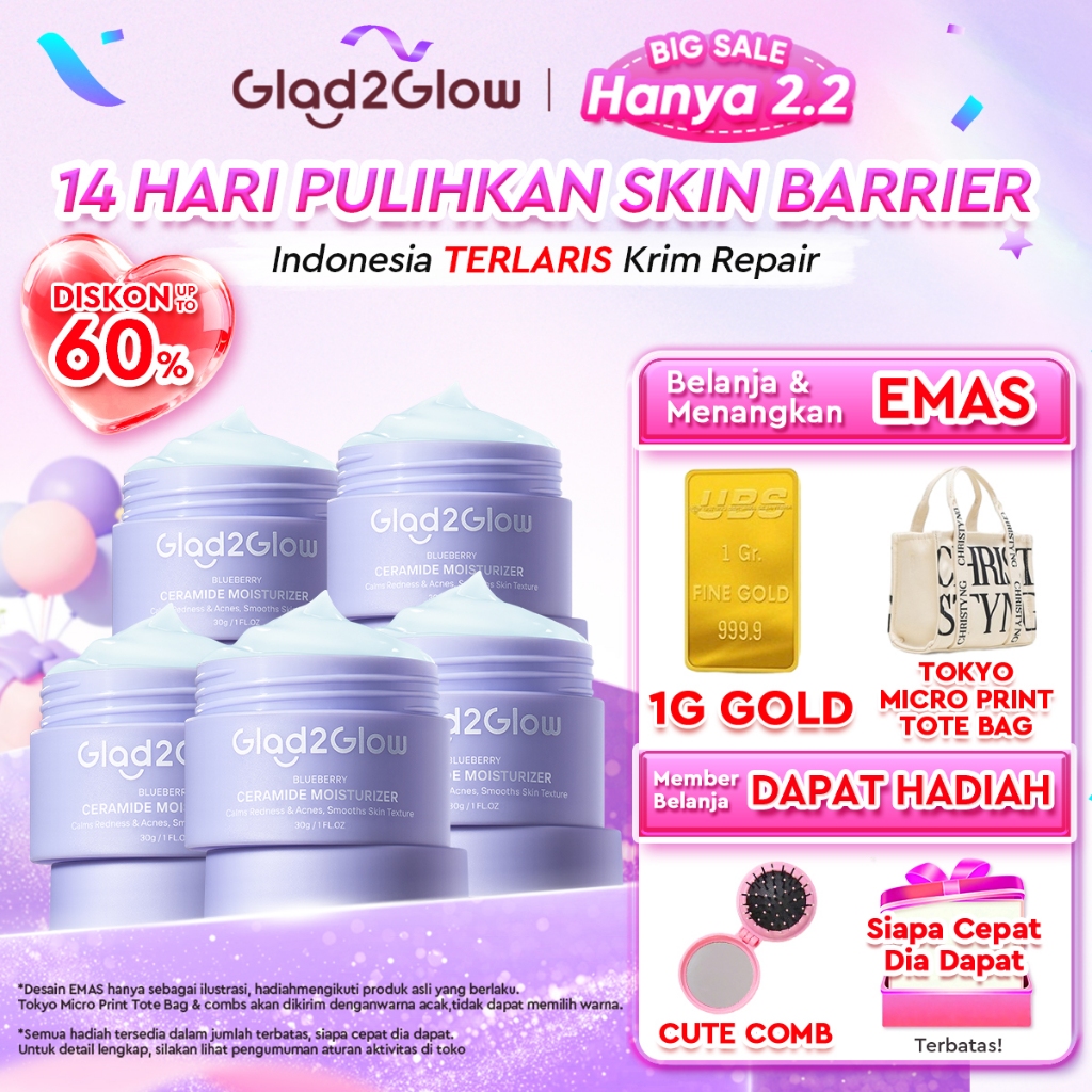 Glad2Glow Blueberry 5% Ceramide Moisturizer Repair Barrier Pulihkan skincare day cream Night Cream k