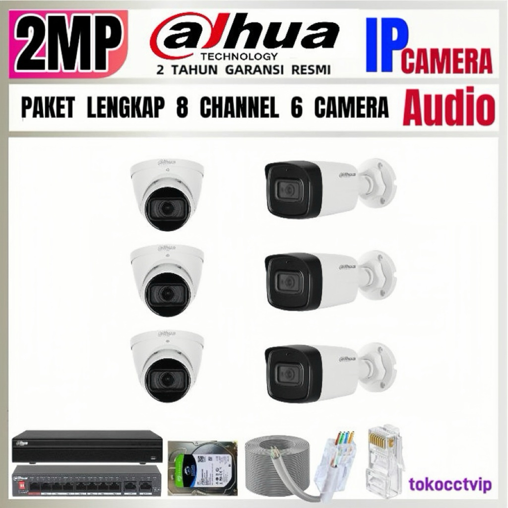 PAKET CCTV DAHUA  IP  KAMERA 2MP AUDIO  8 CH  6 KAMERA ( REKAM  SUARA ) KOMPLIT
