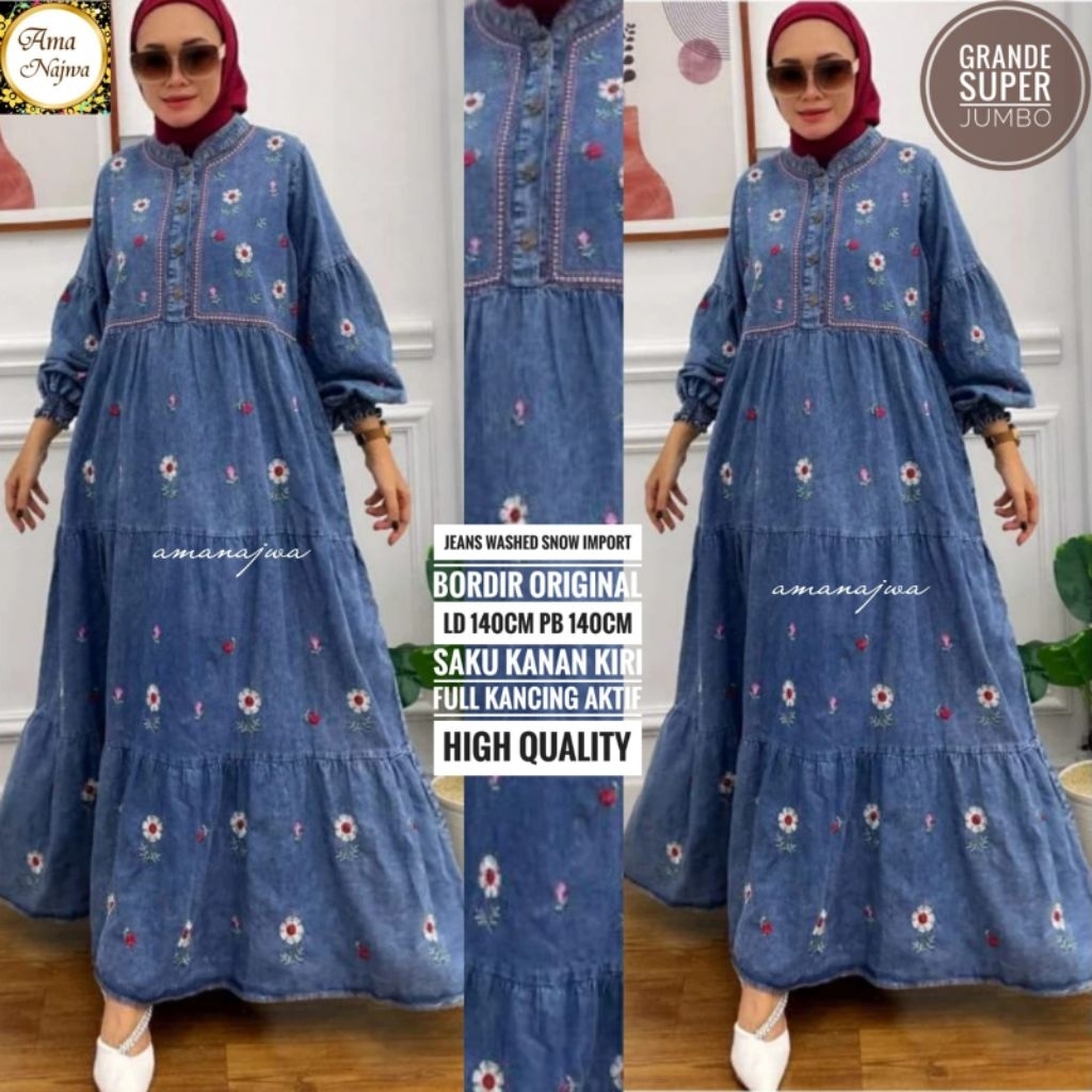 LD 120 LD 140 Gamis Jeans Bordir Bunga GRANDE JEANS SUPER JUMBO