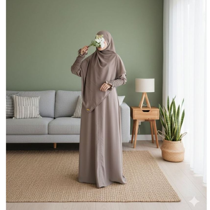 Mina Set Abaya Umroh Pashmina Premium Anti UV Hitam Syari
