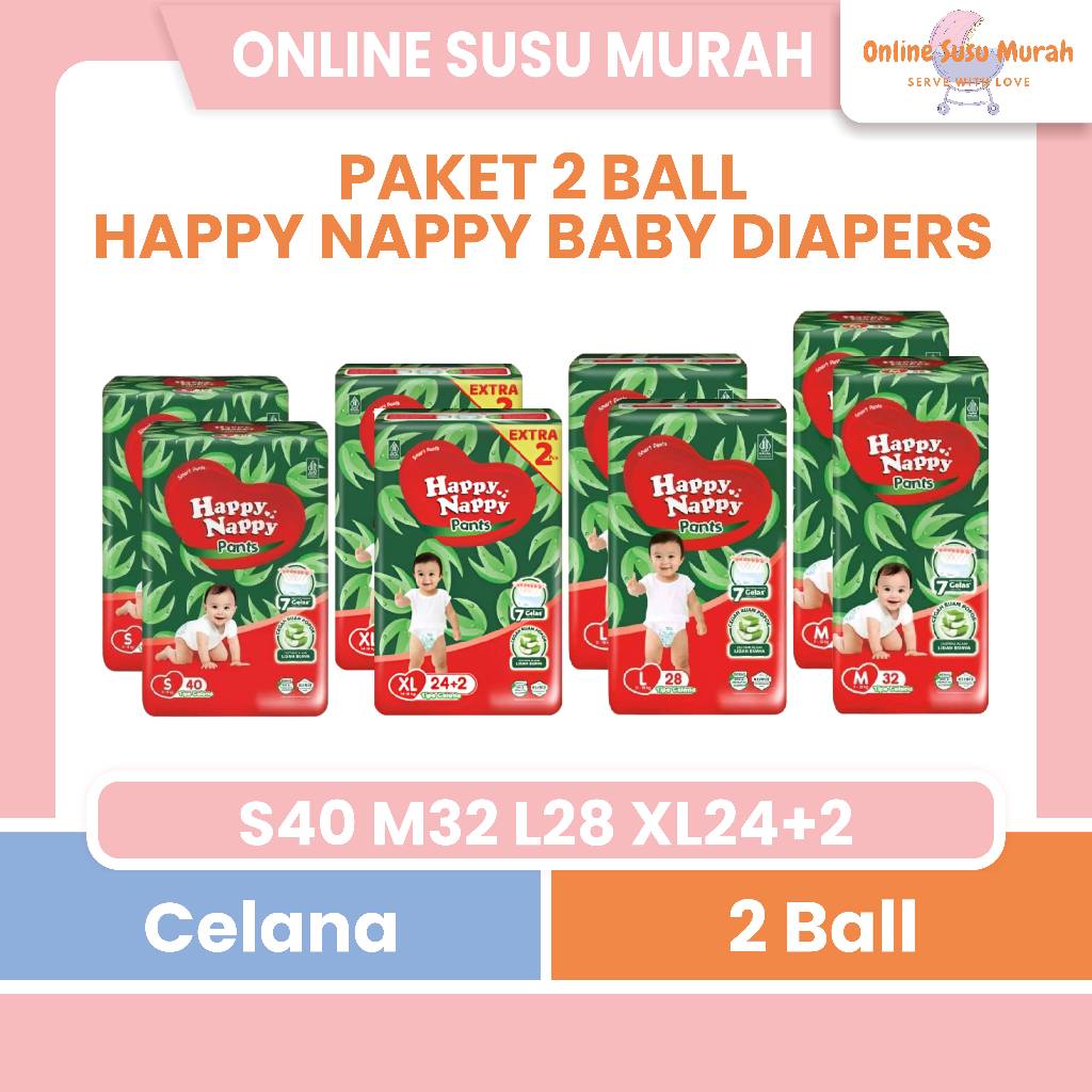 HAPPY NAPPY SMART PANTS PAKET 2 BALL S 40 M 32 L 28 XL 24+2 POPOK CELANA S40 M32 L28 XL24+2 PPKS