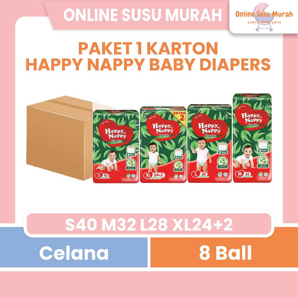 HAPPY NAPPY PAKET 8 BALL / 1 KARTON S40 M32 L28 XL24+2 SMART PANTS S 40 M 32 L 28 XL 24+2 PPKS