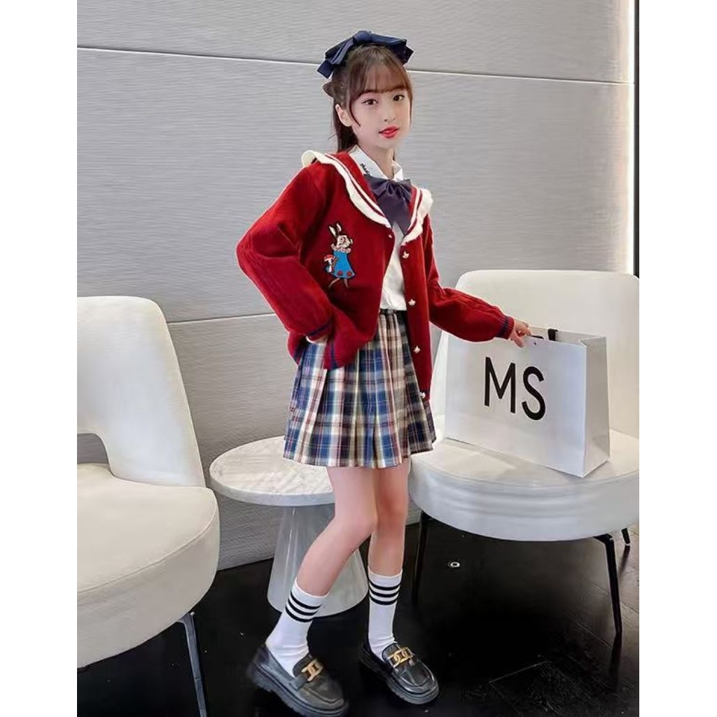 FV-039 SETELAN BAJU PANJANG 3IN1 ROK ANAK PEREMPUAN IMPORT USIA 5-11 TAHUN SETELAN BAJU ATASAN KEMEJ