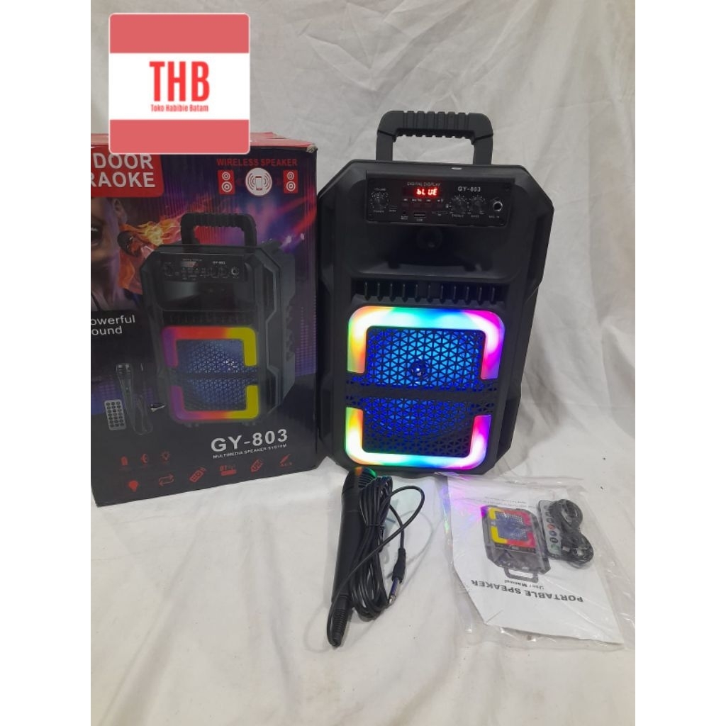 super bass gy 803speaker portabel bluetooth Bonus mic kabel tersambung Ukuran 8 inchi22 x 18 x 38 cm