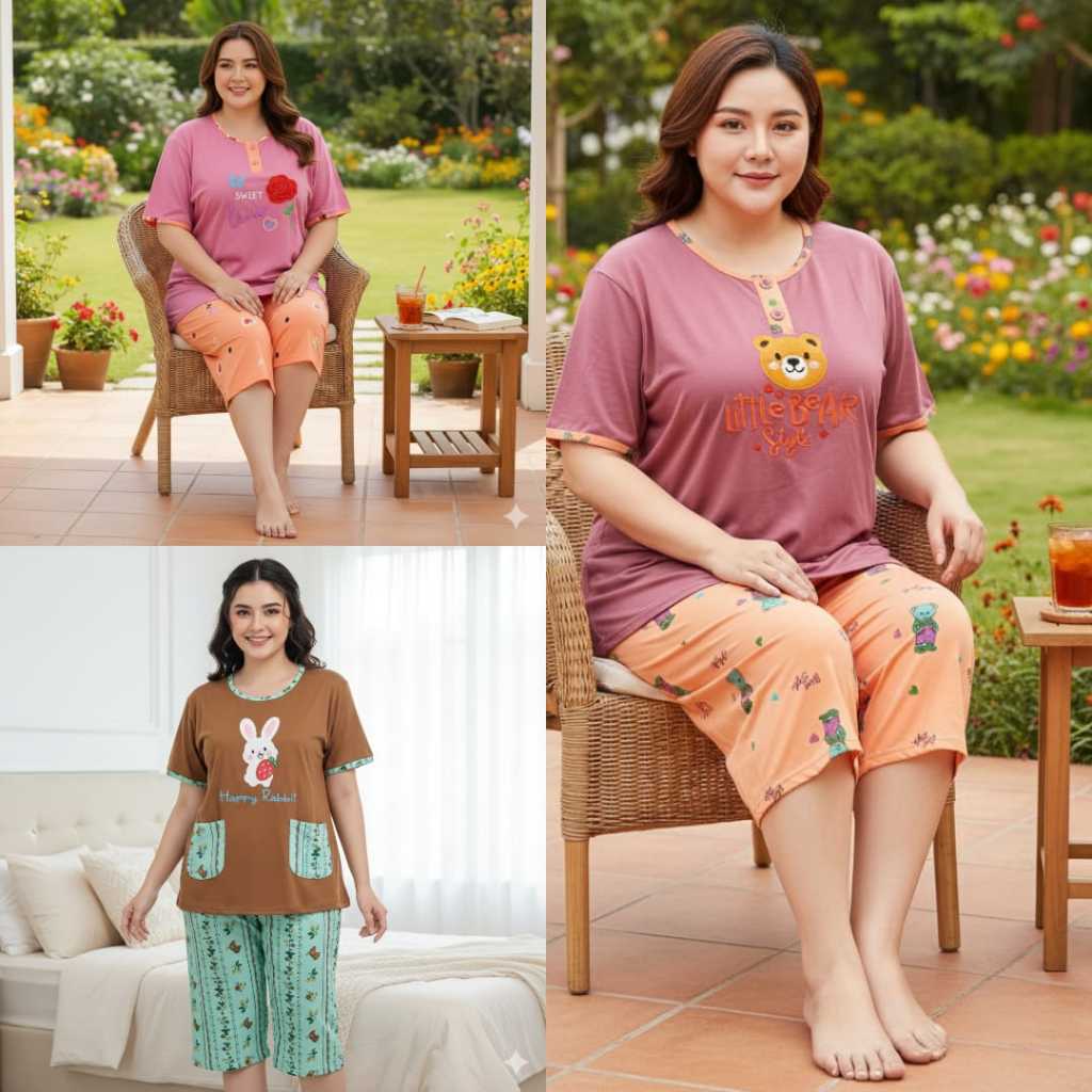 RM014 3/4 Daililan Ukuran Jumbo Baju Tidur Wanita Dewasa Lengan Pendek Celana Pendek Piyama Wanita D