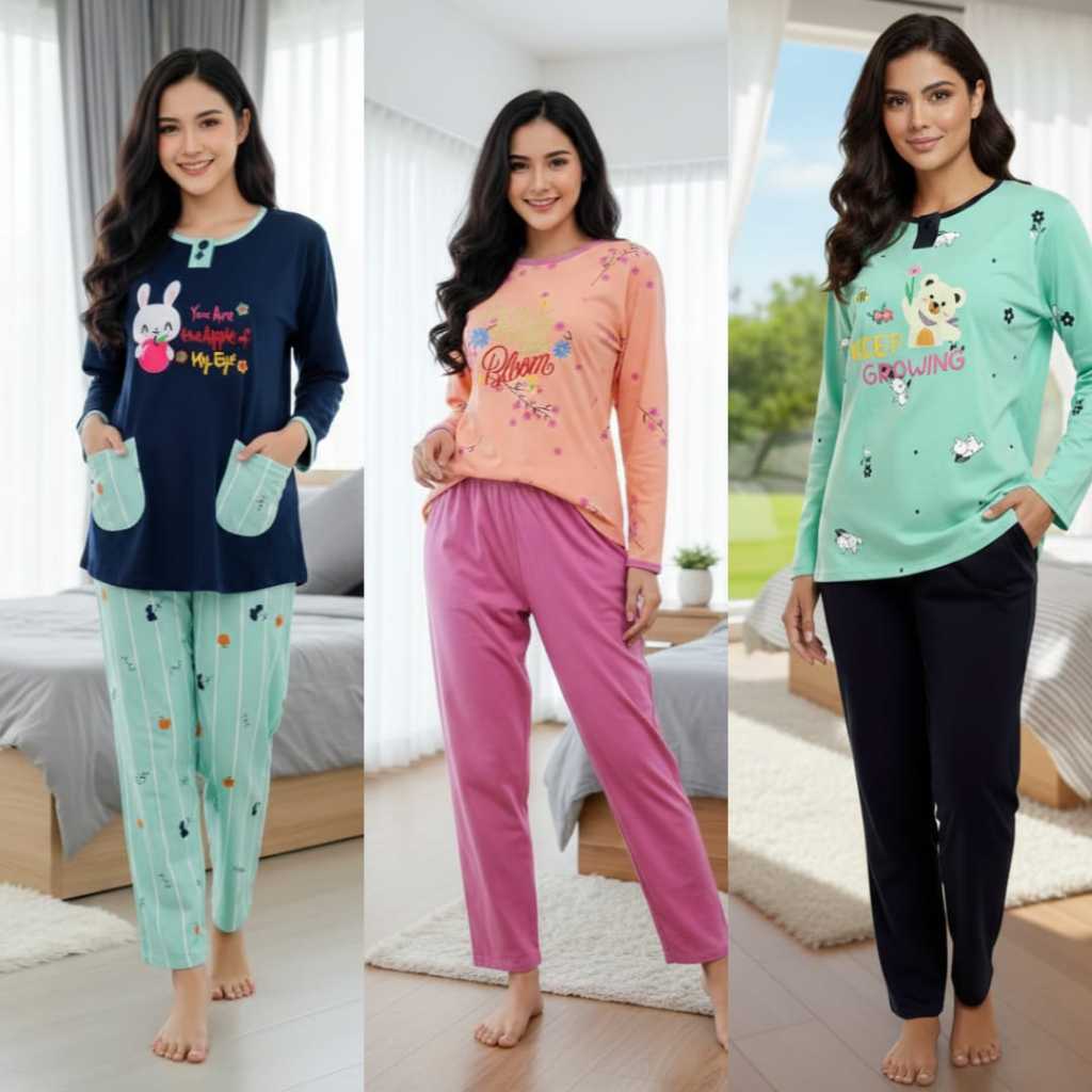 BP009 PP Daililan Ukuran Standar Baju Tidur Wanita Dewasa Lengan Panjang Celana Panjang Piyama Wanit