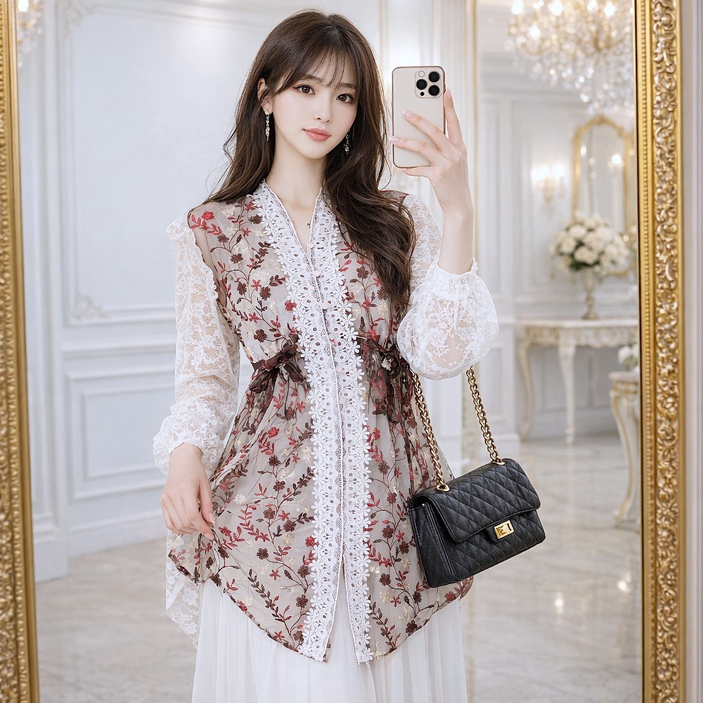 Outer Brukat Wanita Premium Motif Bordir Floral | Outer Brokat Panjang Kekinian | Cardigan Brukat Pe