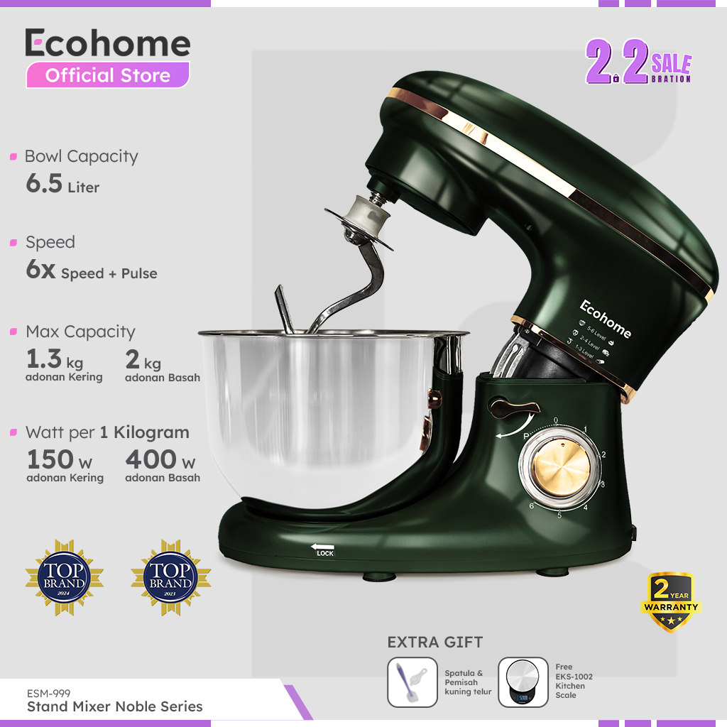ECOHOME Stand Mixer Noble Series ESM999 6.5L Premium Stand Mixer Stainless Steel Bowl Heavy Duty