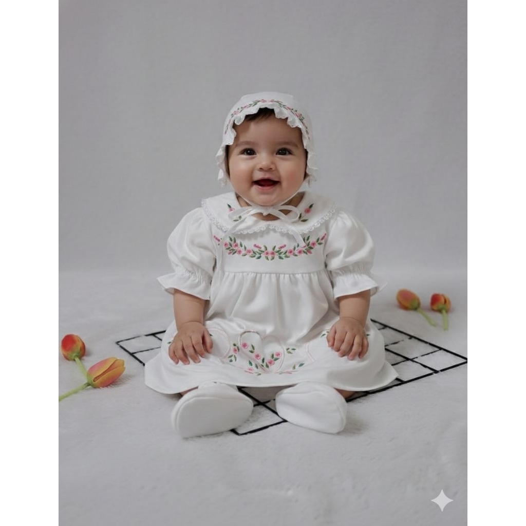 Dress Newborn Aqiqah / Baptis Baju Bayi Perempuan 1 Set Putih